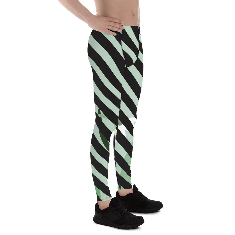 Green Floral Print Meggings, Black Diagonal Striped Men's Leggings Compression Tights - Made in USA/EU/MX