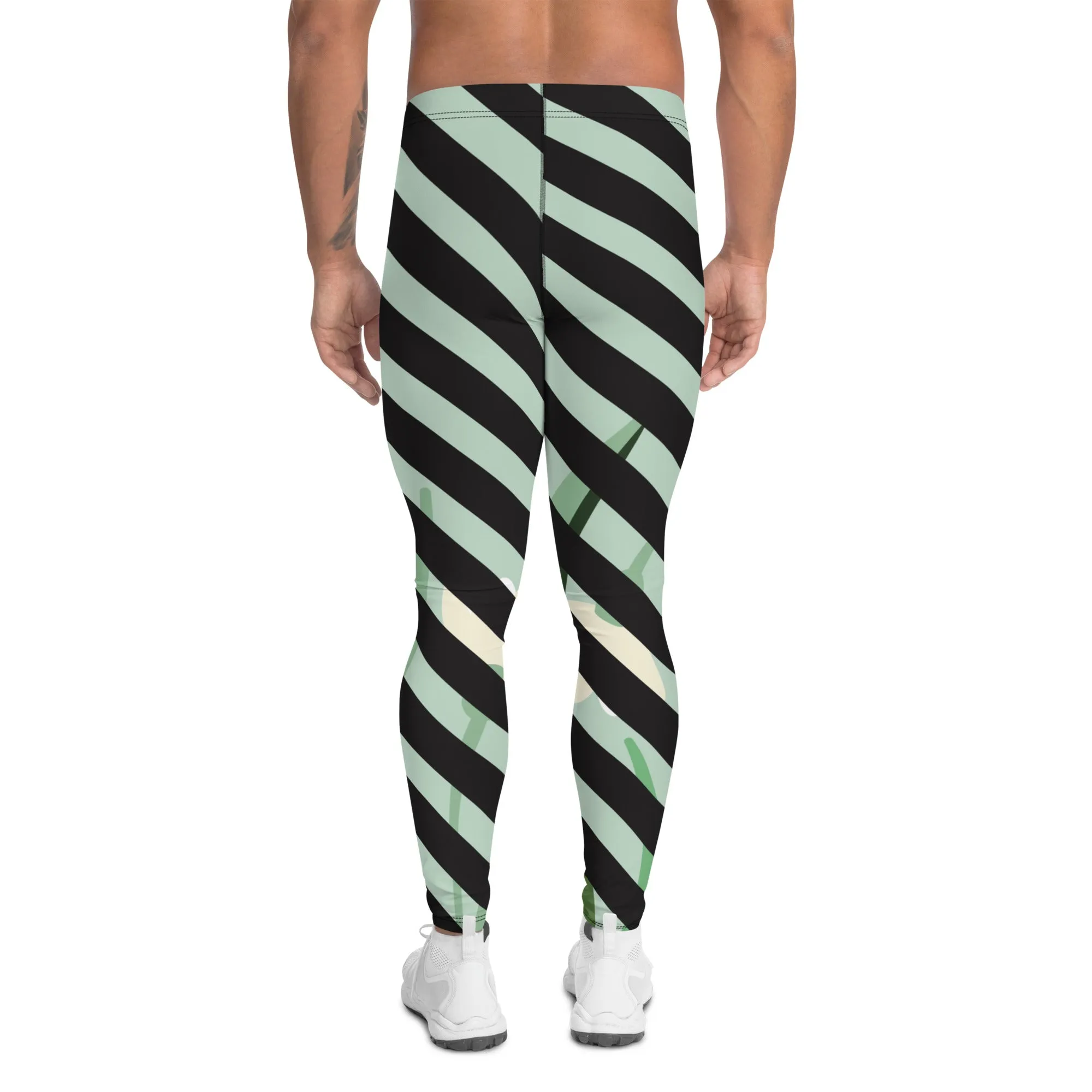 Green Floral Print Meggings, Black Diagonal Striped Men's Leggings Compression Tights - Made in USA/EU/MX