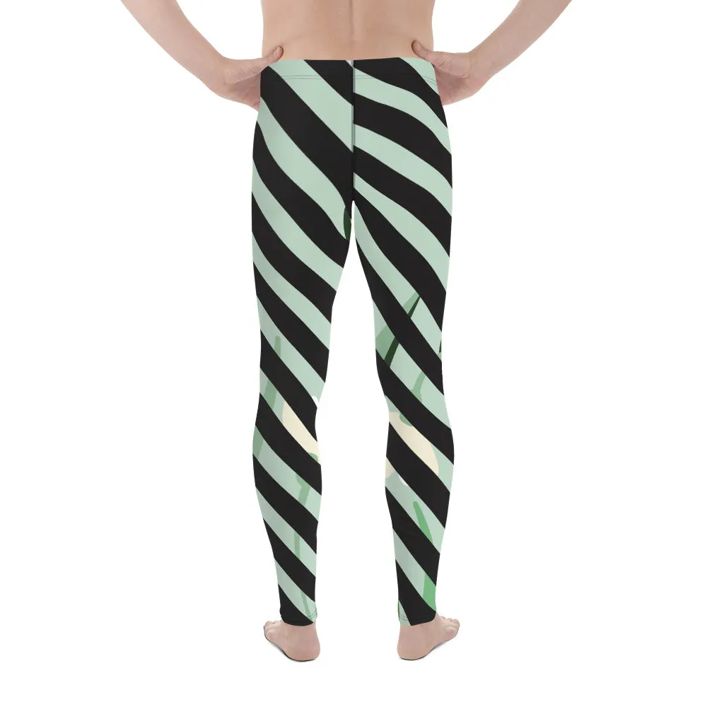 Green Floral Print Meggings, Black Diagonal Striped Men's Leggings Compression Tights - Made in USA/EU/MX