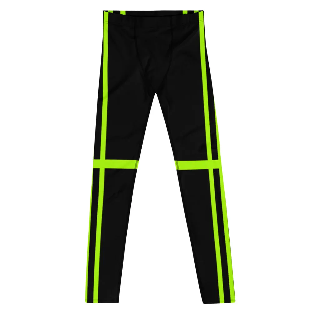 Green Stripes Best Men's Leggings, Designer Neon Green Black Meggings-Made in USA/EU/MX