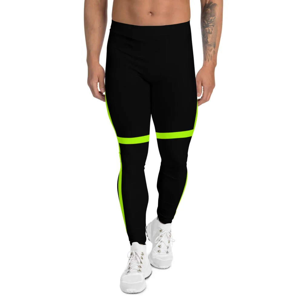 Green Stripes Best Men's Leggings, Designer Neon Green Black Meggings-Made in USA/EU/MX