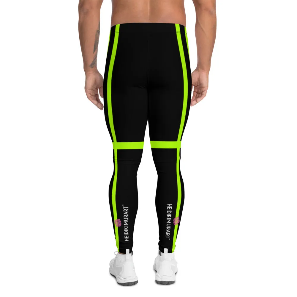 Green Stripes Best Men's Leggings, Designer Neon Green Black Meggings-Made in USA/EU/MX