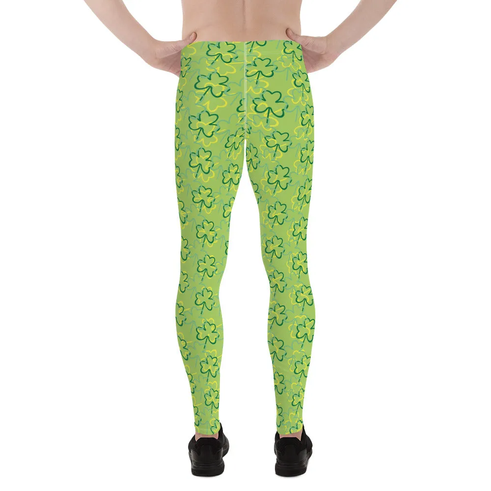 Green Yellow Clover Leaf Print St. Patty's Day Men's Leggings Meggings- Made in USA/EU