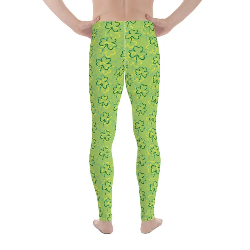 Green Yellow Clover Leaf Print St. Patty's Day Men's Leggings Meggings- Made in USA/EU