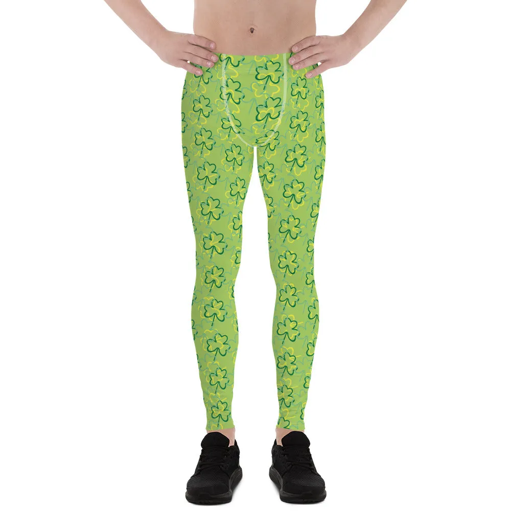 Green Yellow Clover Leaf Print St. Patty's Day Men's Leggings Meggings- Made in USA/EU