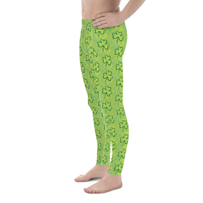 Green Yellow Clover Leaf Print St. Patty's Day Men's Leggings Meggings- Made in USA/EU