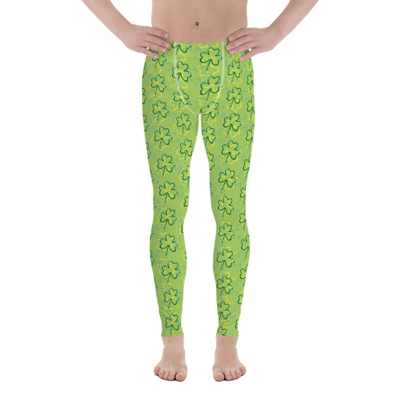 Green Yellow Clover Leaf Print St. Patty's Day Men's Leggings Meggings- Made in USA/EU