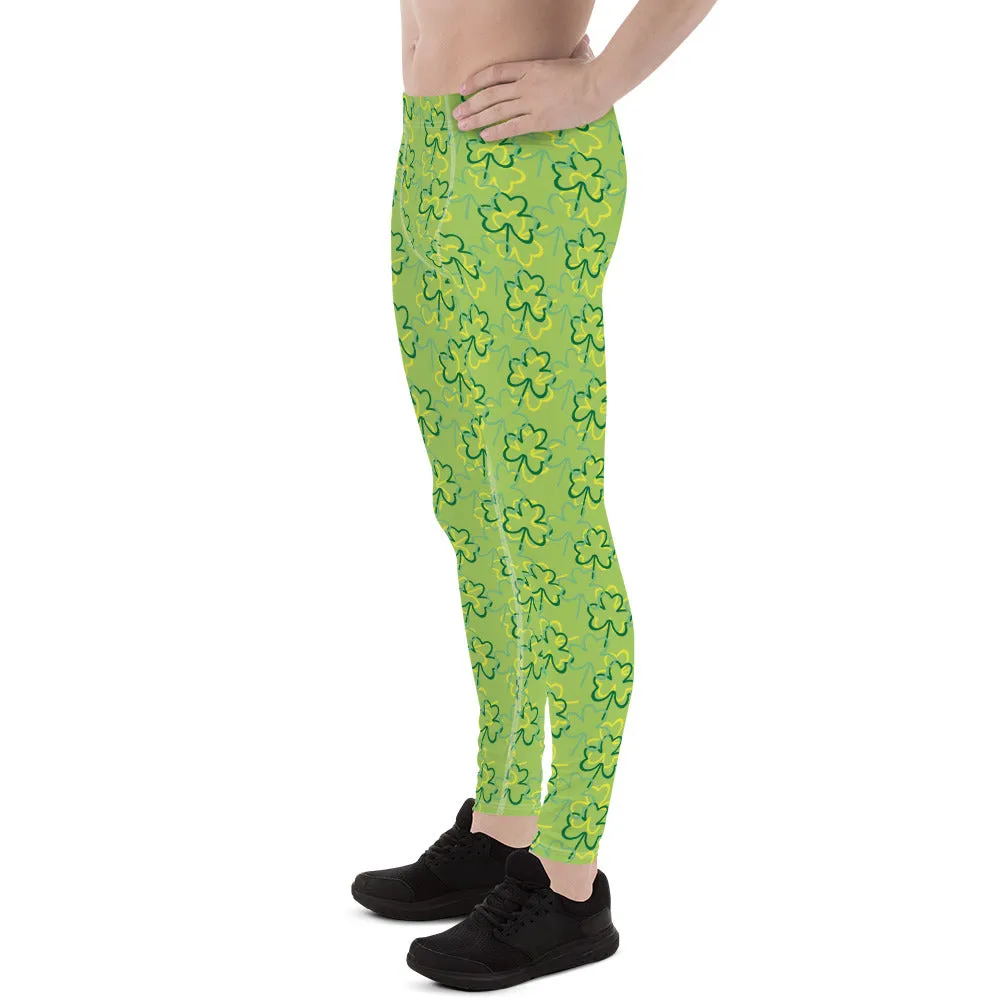 Green Yellow Clover Leaf Print St. Patty's Day Men's Leggings Meggings- Made in USA/EU