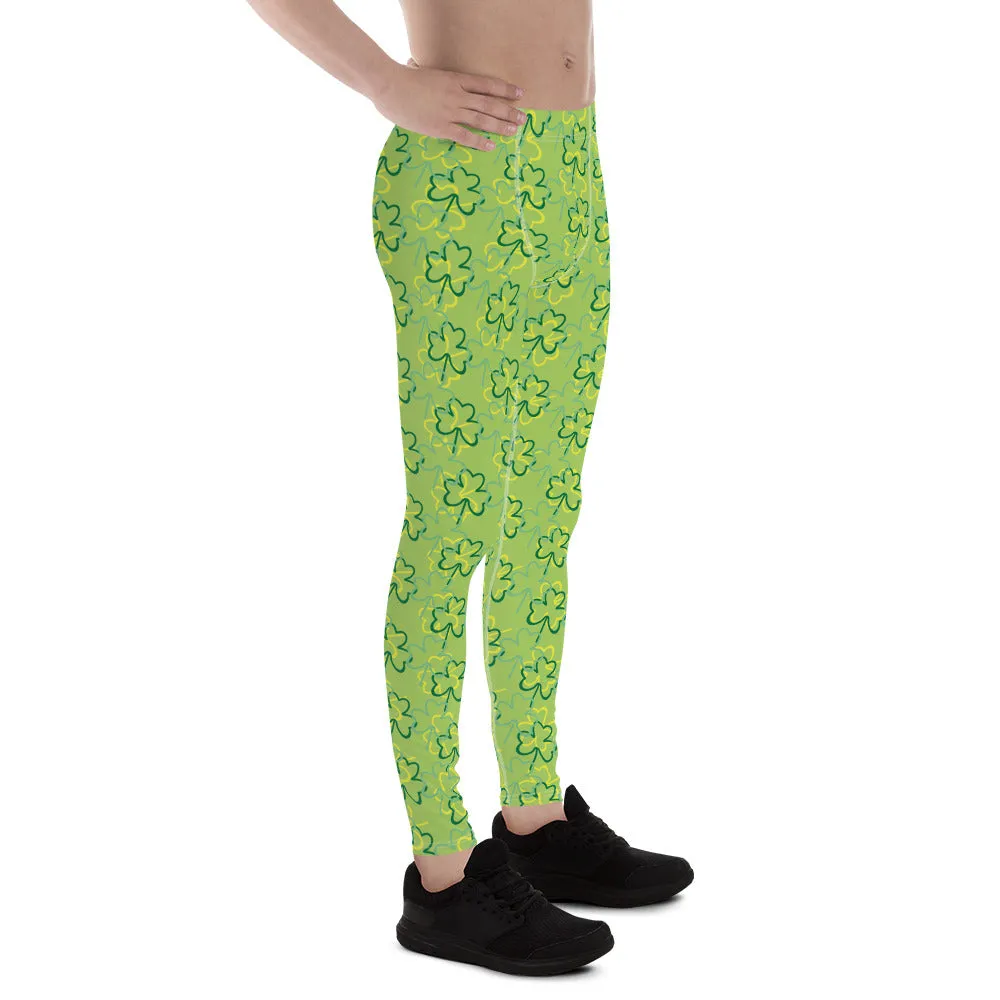 Green Yellow Clover Leaf Print St. Patty's Day Men's Leggings Meggings- Made in USA/EU