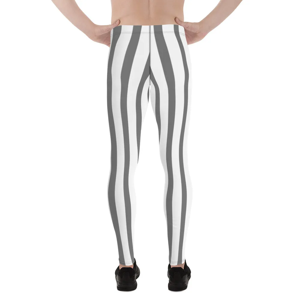 Grey & White Stripes Meggings, Men's Running Circus Leggings & Run Tights Meggings Pants