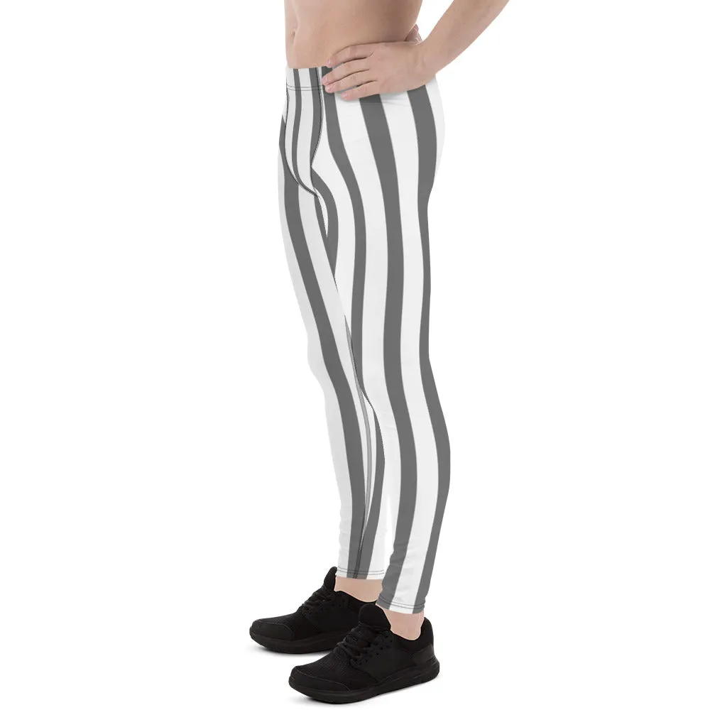 Grey & White Stripes Meggings, Men's Running Circus Leggings & Run Tights Meggings Pants