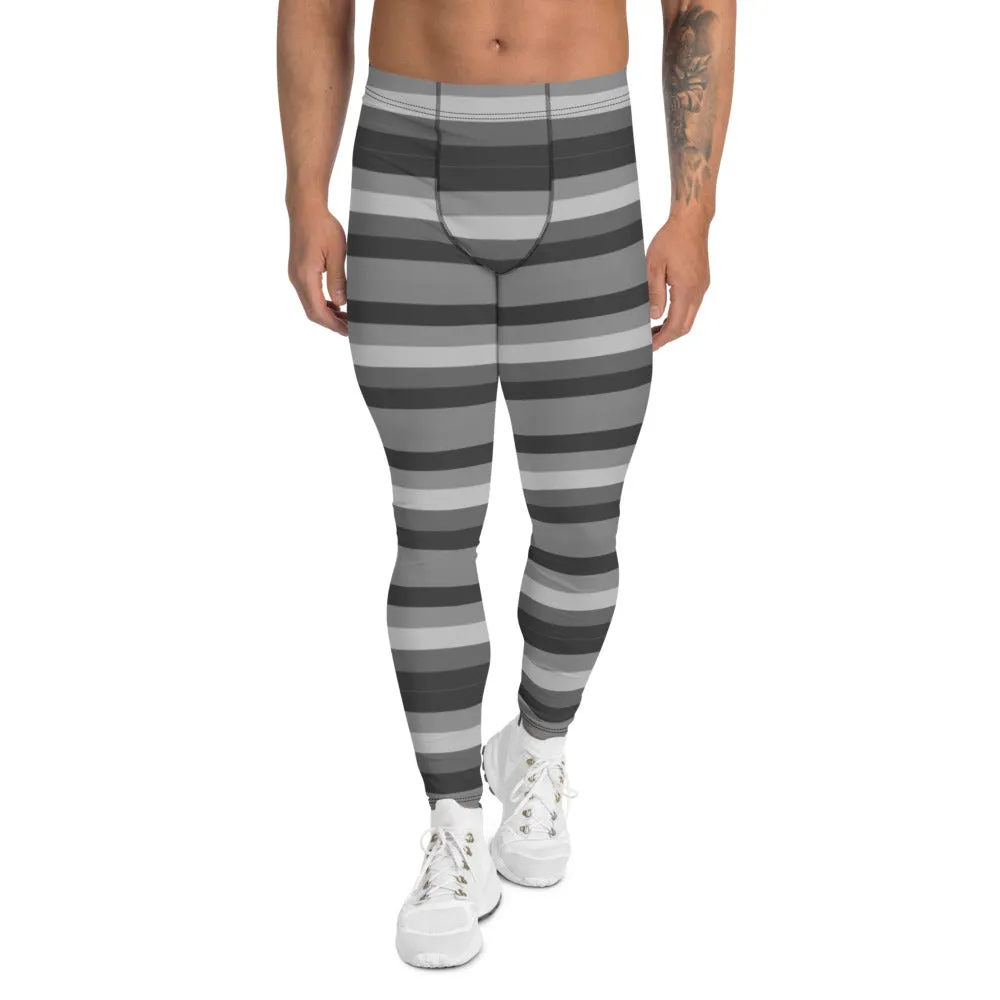 Grey Horizontally Striped Men's Leggings, Modern Stripes Men's Meggings-Made in USA/EU/MX