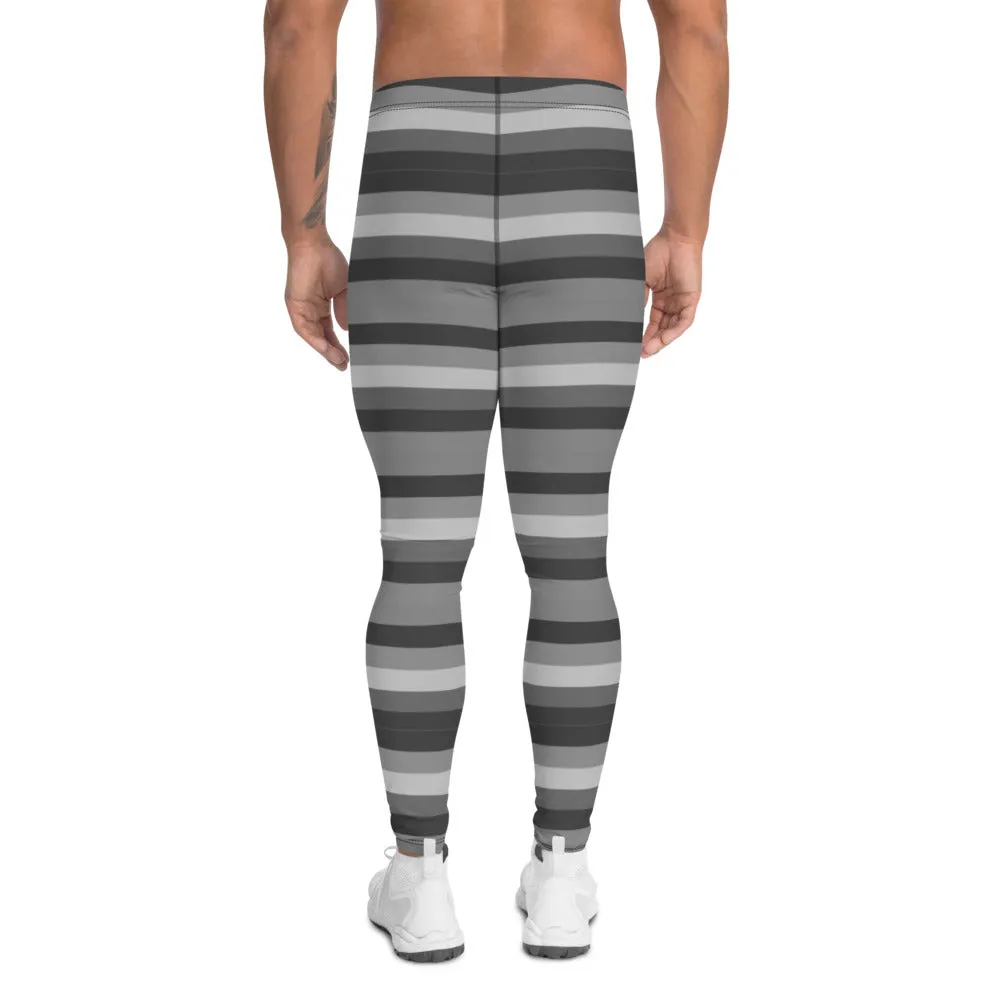 Grey Horizontally Striped Men's Leggings, Modern Stripes Men's Meggings-Made in USA/EU/MX