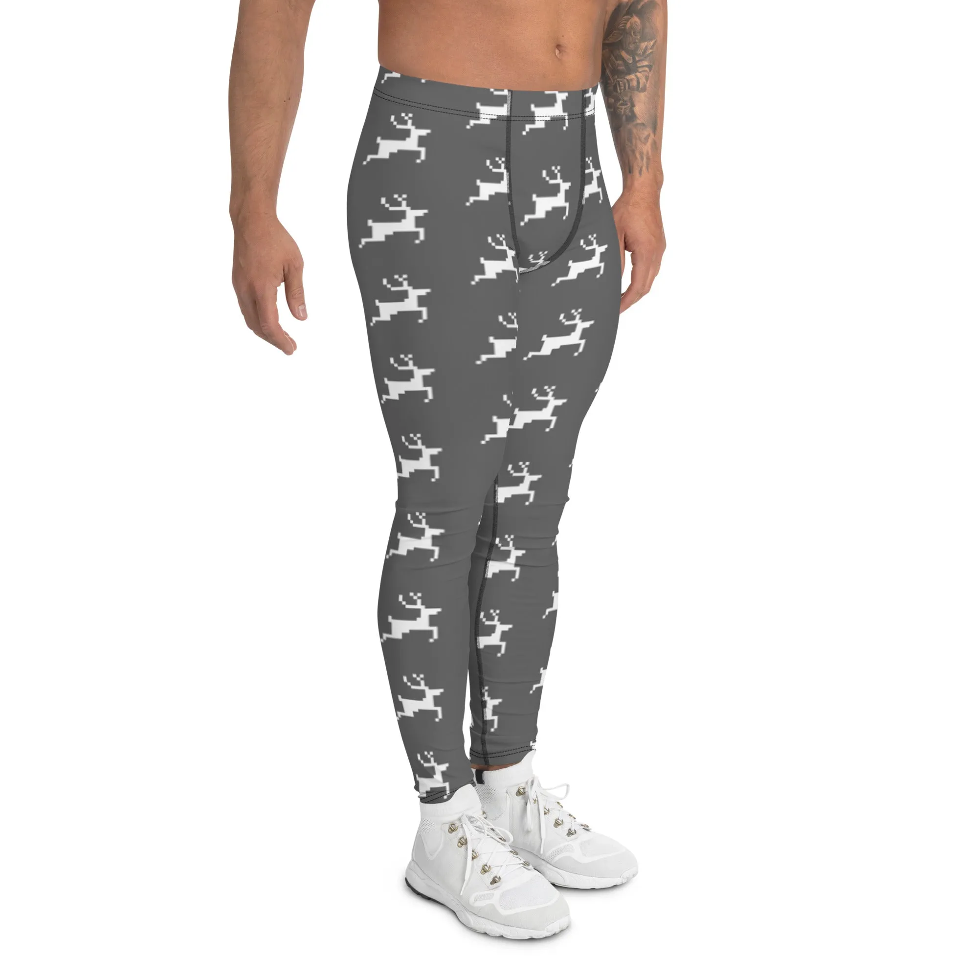 Grey Reindeer Men's Leggings, Christmas Party Holiday Compression Tights For Men - Made in USA/EU/MX