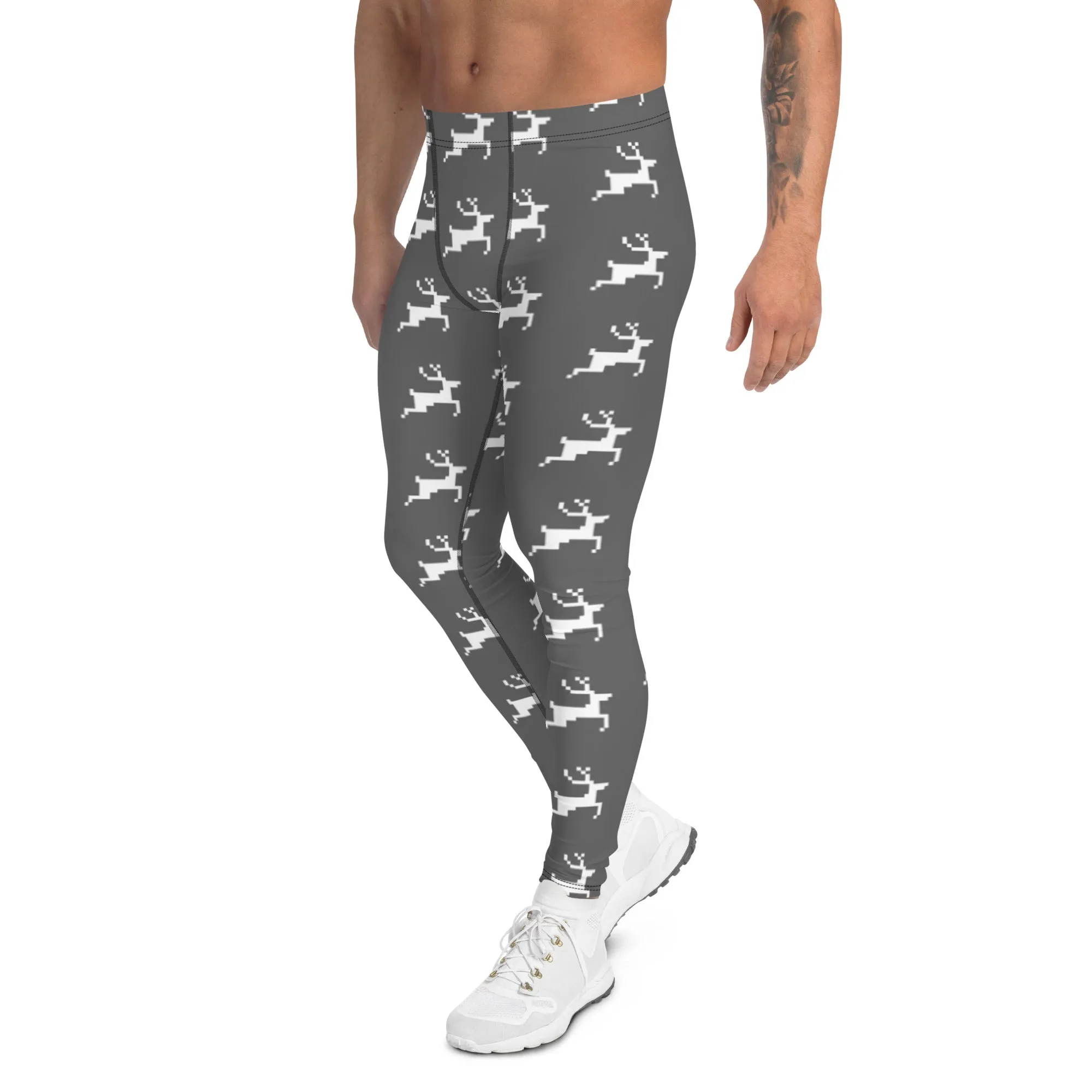 Grey Reindeer Men's Leggings, Christmas Party Holiday Compression Tights For Men - Made in USA/EU/MX