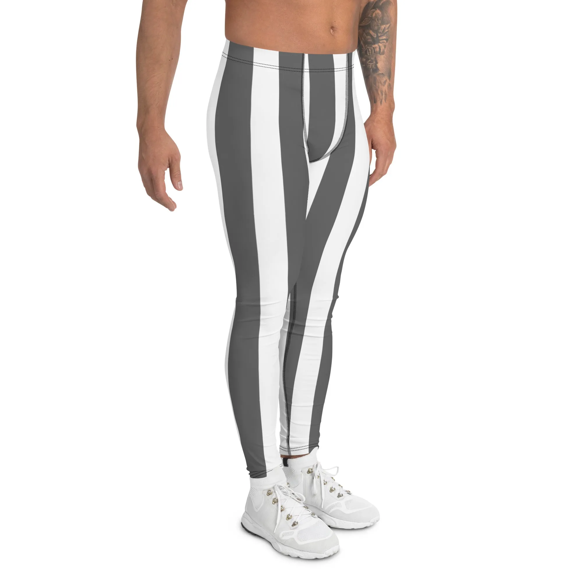 Grey White Stripes Men's Leggings, Vertically Striped Meggings Running Tights-Made in USA/EU/MX