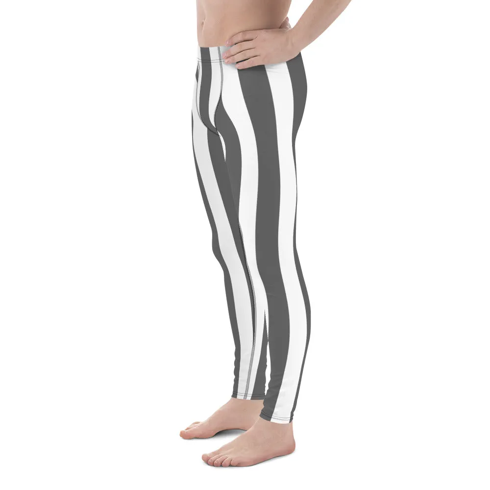 Grey White Stripes Men's Leggings, Vertically Striped Meggings Running Tights-Made in USA/EU/MX