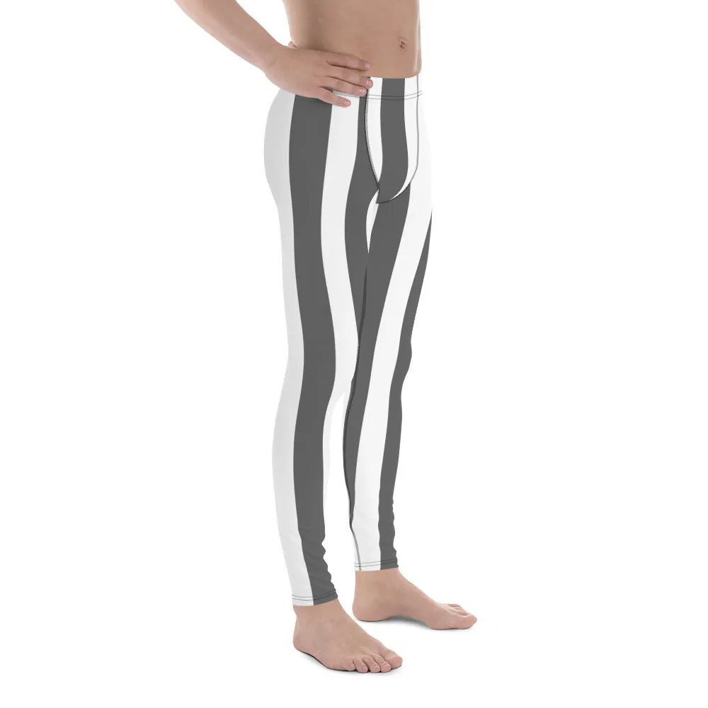 Grey White Stripes Men's Leggings, Vertically Striped Meggings Running Tights-Made in USA/EU/MX