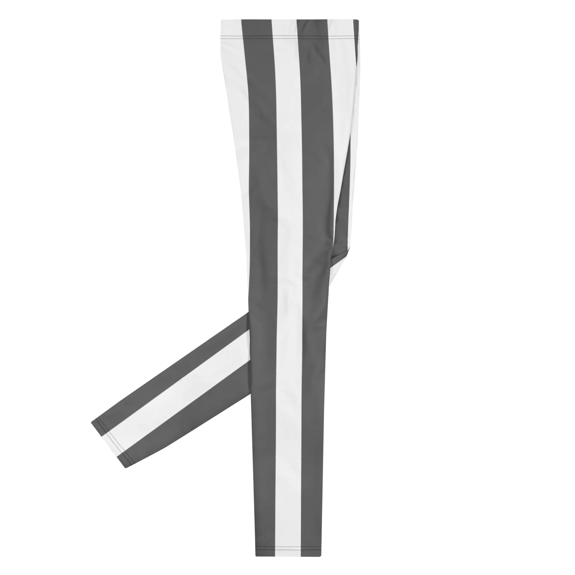 Grey White Stripes Men's Leggings, Vertically Striped Meggings Running Tights-Made in USA/EU/MX