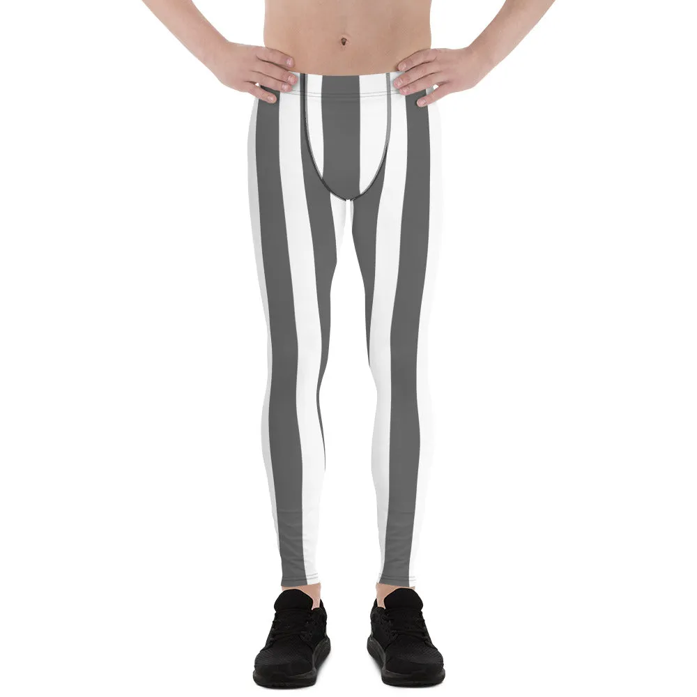 Grey White Stripes Men's Leggings, Vertically Striped Meggings Running Tights-Made in USA/EU/MX