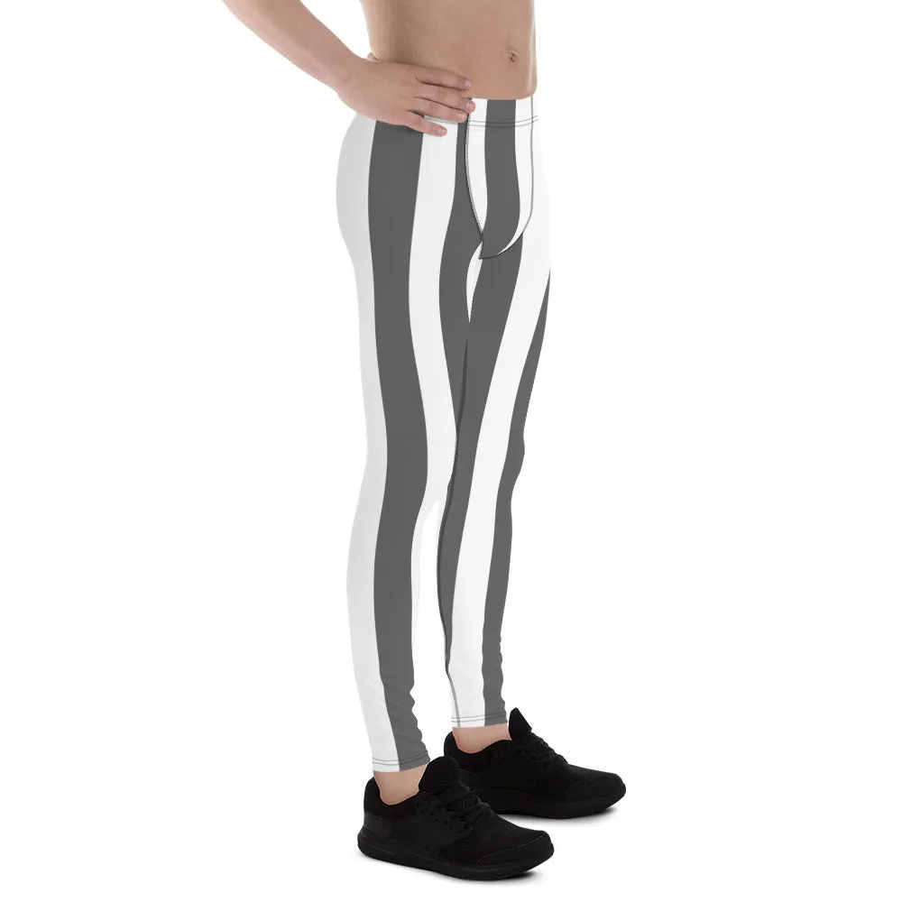 Grey White Stripes Men's Leggings, Vertically Striped Meggings Running Tights-Made in USA/EU/MX