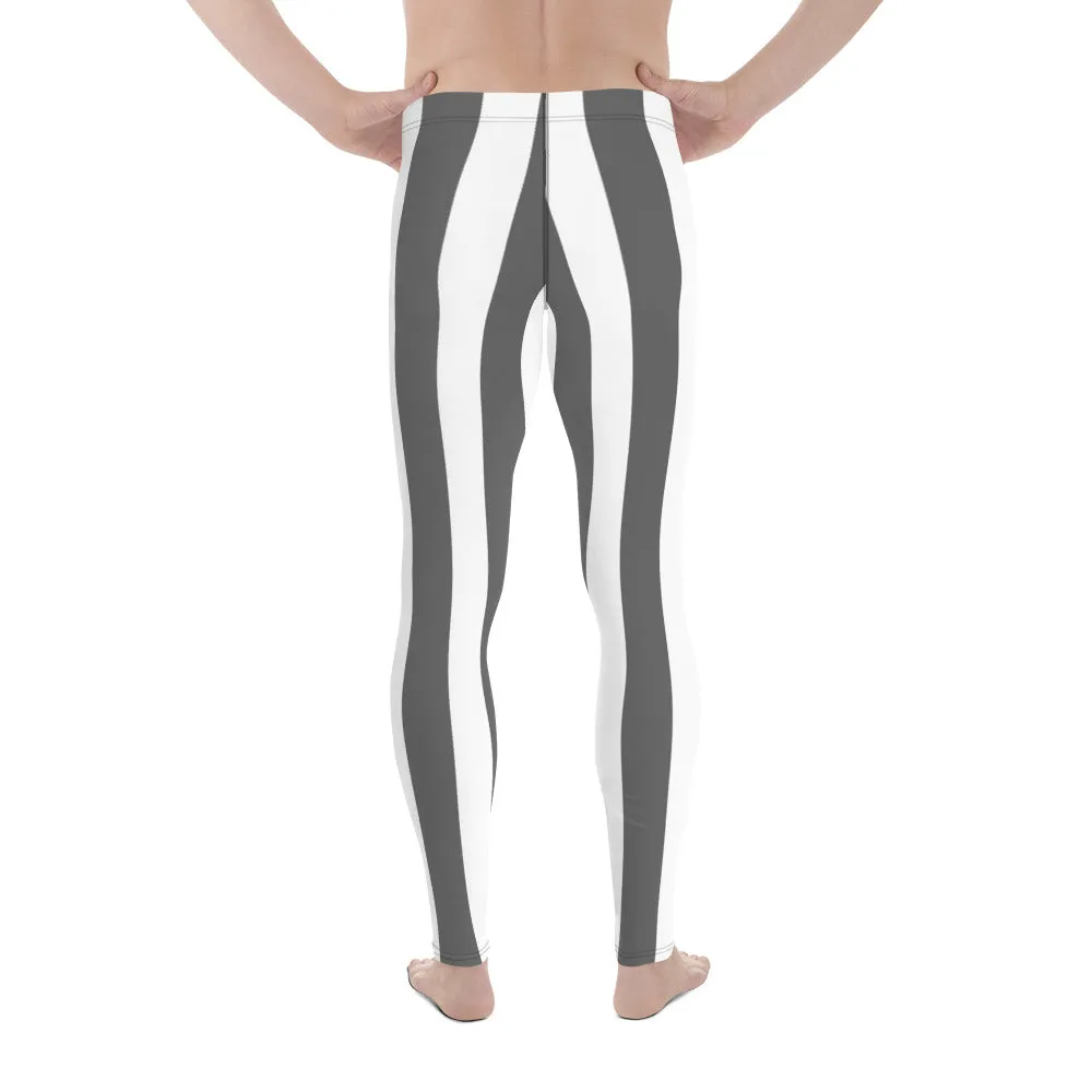 Grey White Stripes Men's Leggings, Vertically Striped Meggings Running Tights-Made in USA/EU/MX