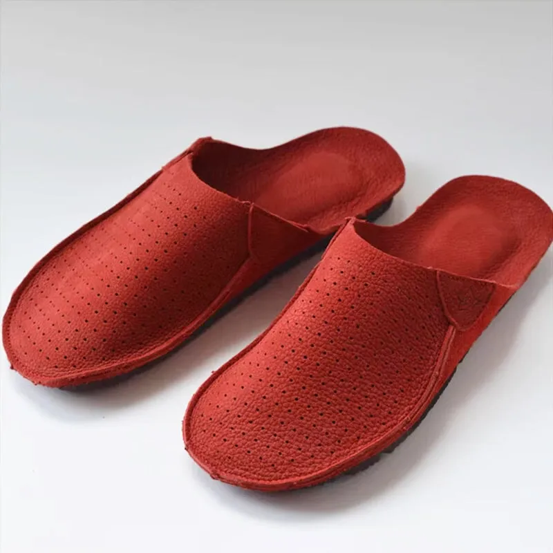 Handmade Retro Leather Mules Women Slippers Round Toe Mori Girl Flat Casual Summer Half Slippers Coffee/Red/Apricot/Black