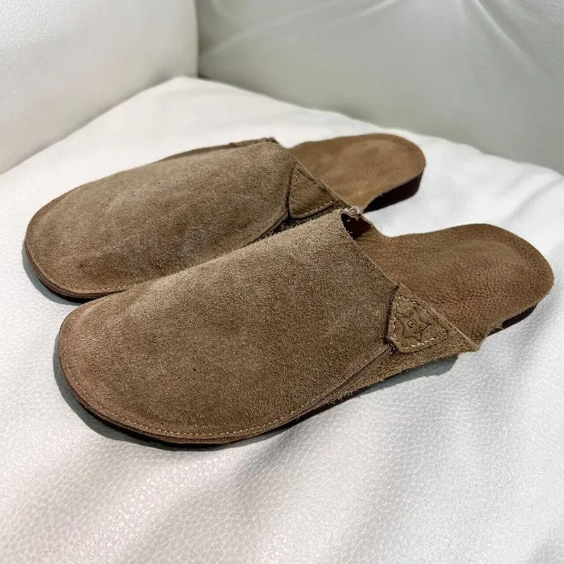 Handmade Retro Leather Mules Women Slippers Round Toe Mori Girl Flat Casual Summer Half Slippers Coffee/Red/Apricot/Black