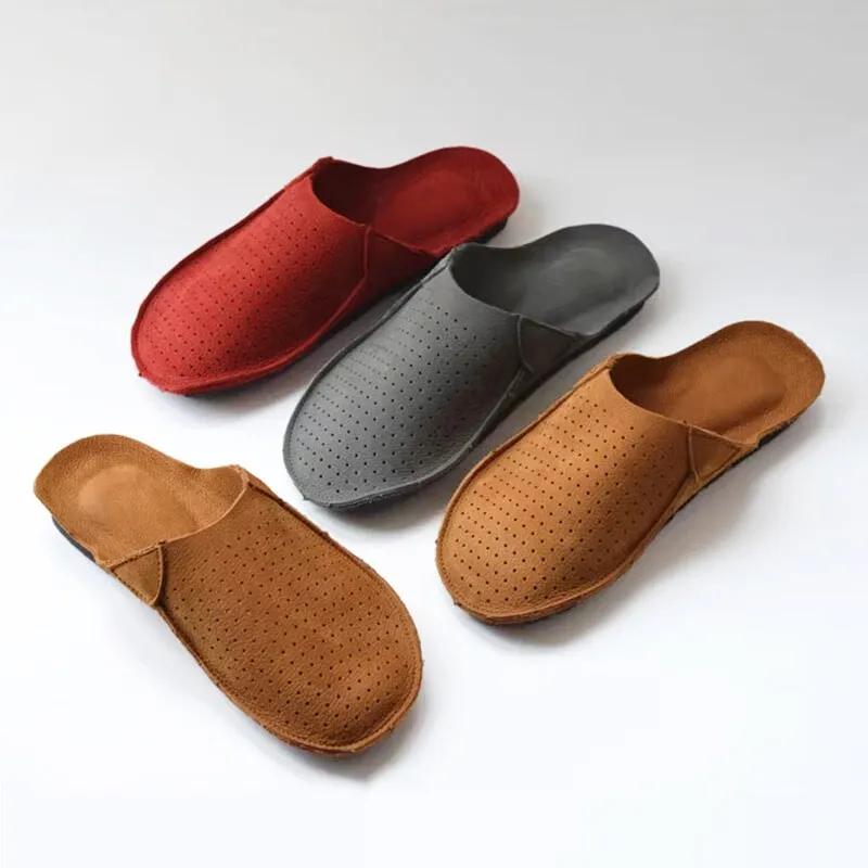 Handmade Retro Leather Mules Women Slippers Round Toe Mori Girl Flat Casual Summer Half Slippers Coffee/Red/Apricot/Black