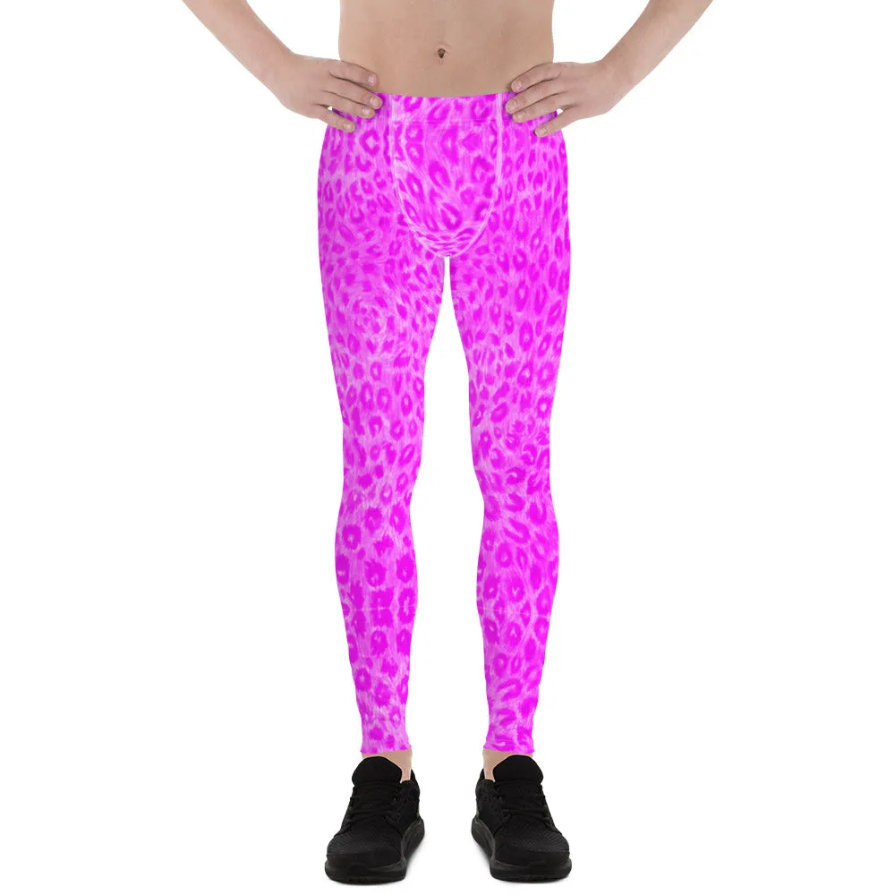 Hot Pink Leopard Men's Leggings, Cute Leopard Animal Print Meggings Compression Tights-Made in USA/EU