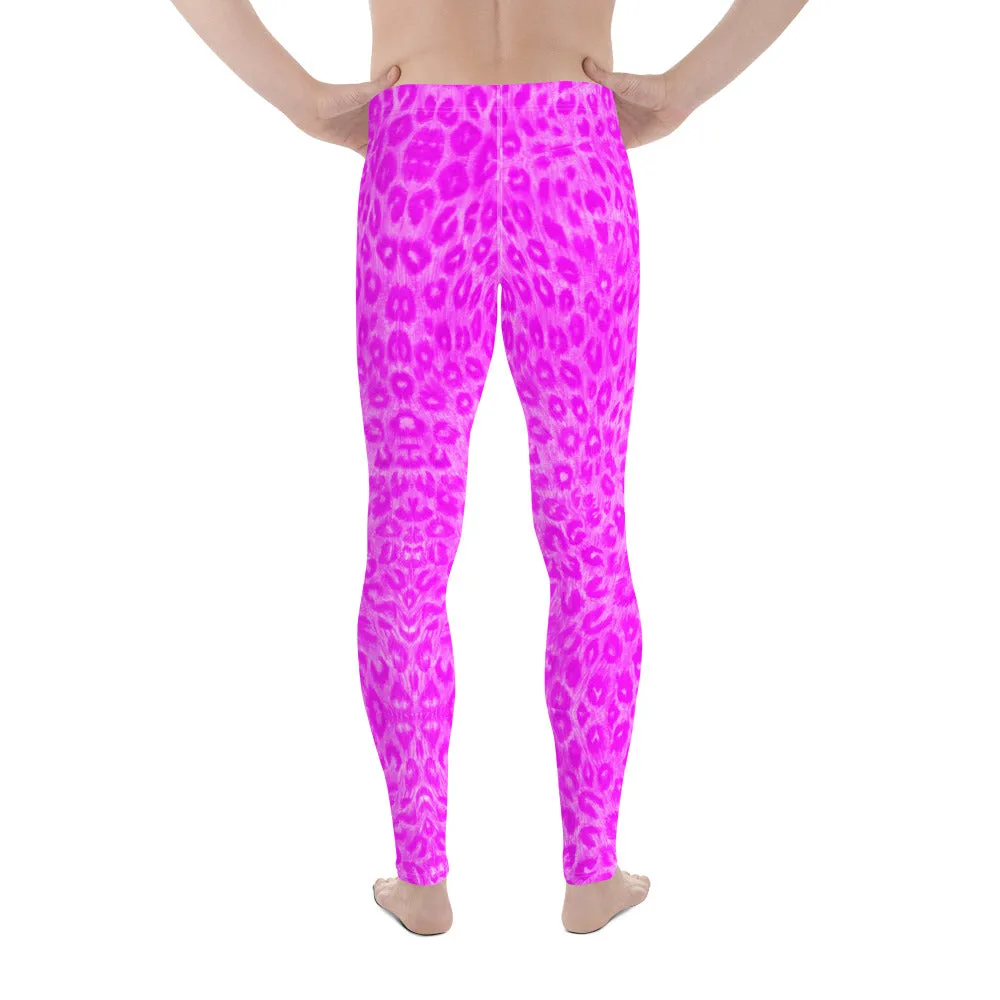 Hot Pink Leopard Men's Leggings, Cute Leopard Animal Print Meggings Compression Tights-Made in USA/EU