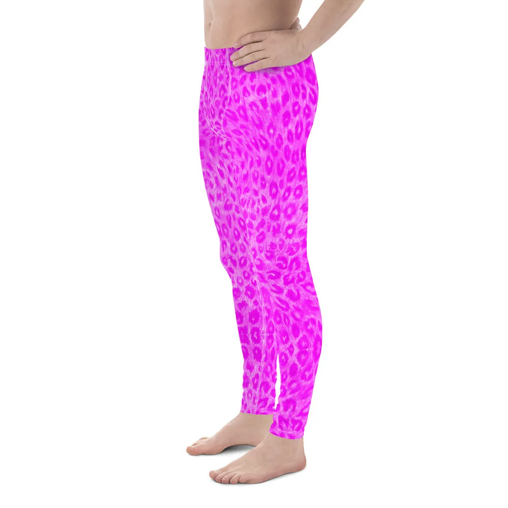 Hot Pink Leopard Men's Leggings, Cute Leopard Animal Print Meggings Compression Tights-Made in USA/EU