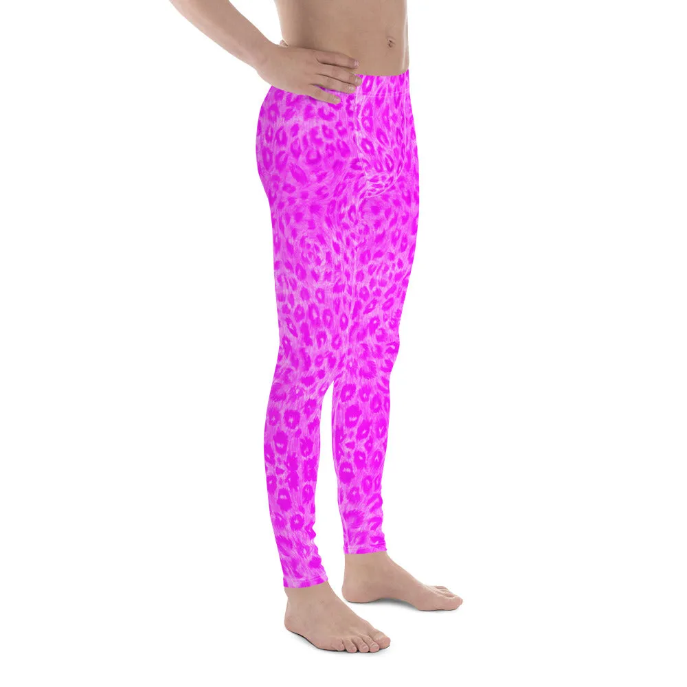 Hot Pink Leopard Men's Leggings, Cute Leopard Animal Print Meggings Compression Tights-Made in USA/EU