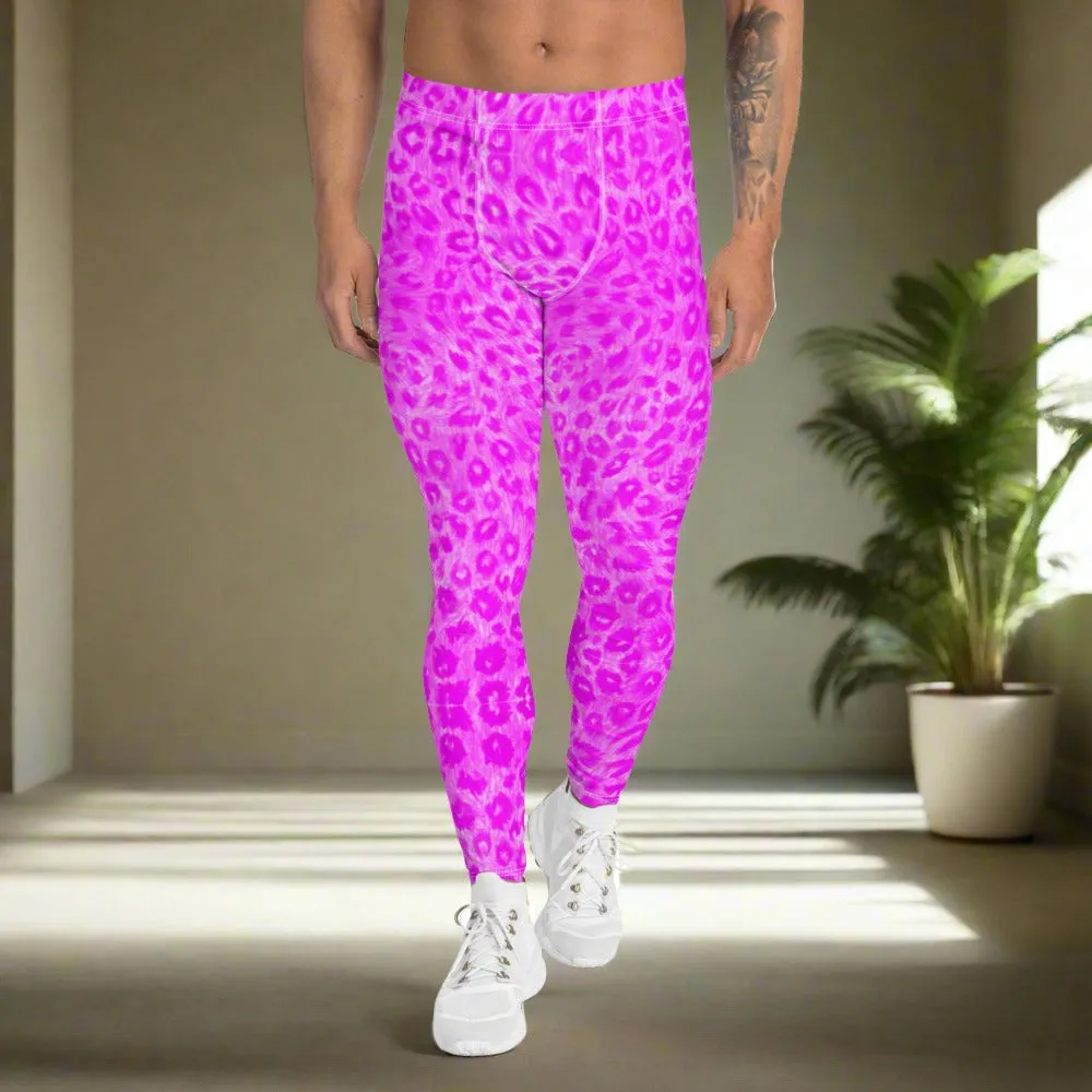 Hot Pink Leopard Men's Leggings, Cute Leopard Animal Print Meggings Compression Tights-Made in USA/EU