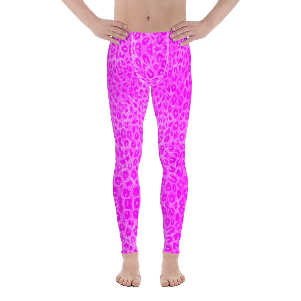 Hot Pink Leopard Men's Leggings, Cute Leopard Animal Print Meggings Compression Tights-Made in USA/EU