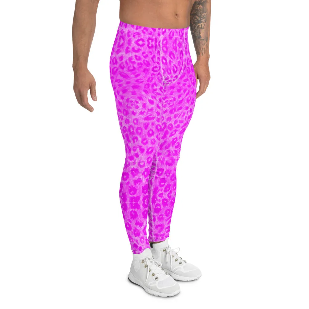 Hot Pink Leopard Men's Leggings, Cute Leopard Animal Print Meggings Compression Tights-Made in USA/EU