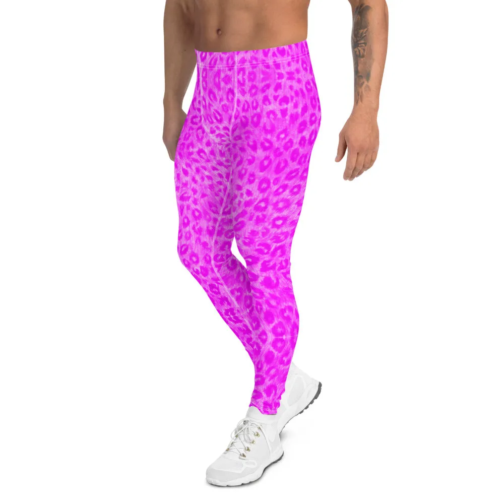 Hot Pink Leopard Men's Leggings, Cute Leopard Animal Print Meggings Compression Tights-Made in USA/EU