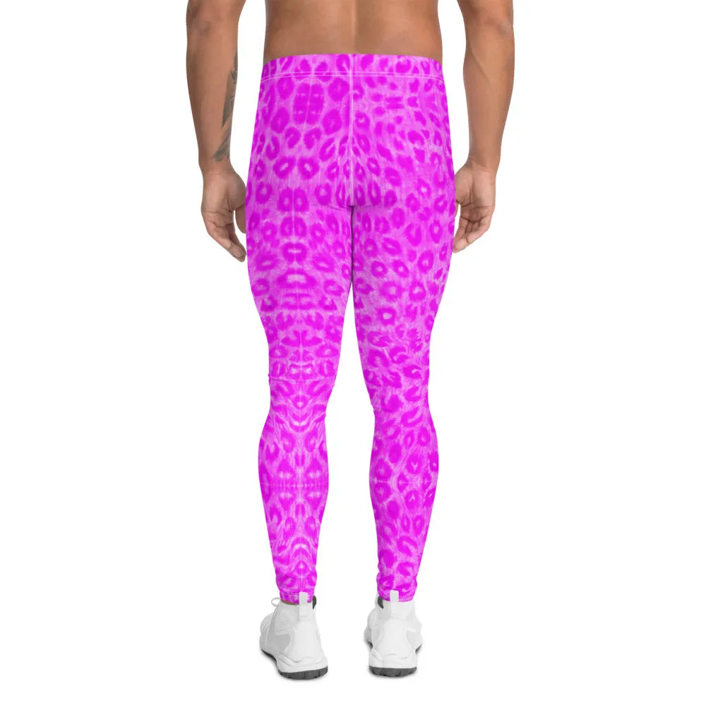 Hot Pink Leopard Men's Leggings, Cute Leopard Animal Print Meggings Compression Tights-Made in USA/EU