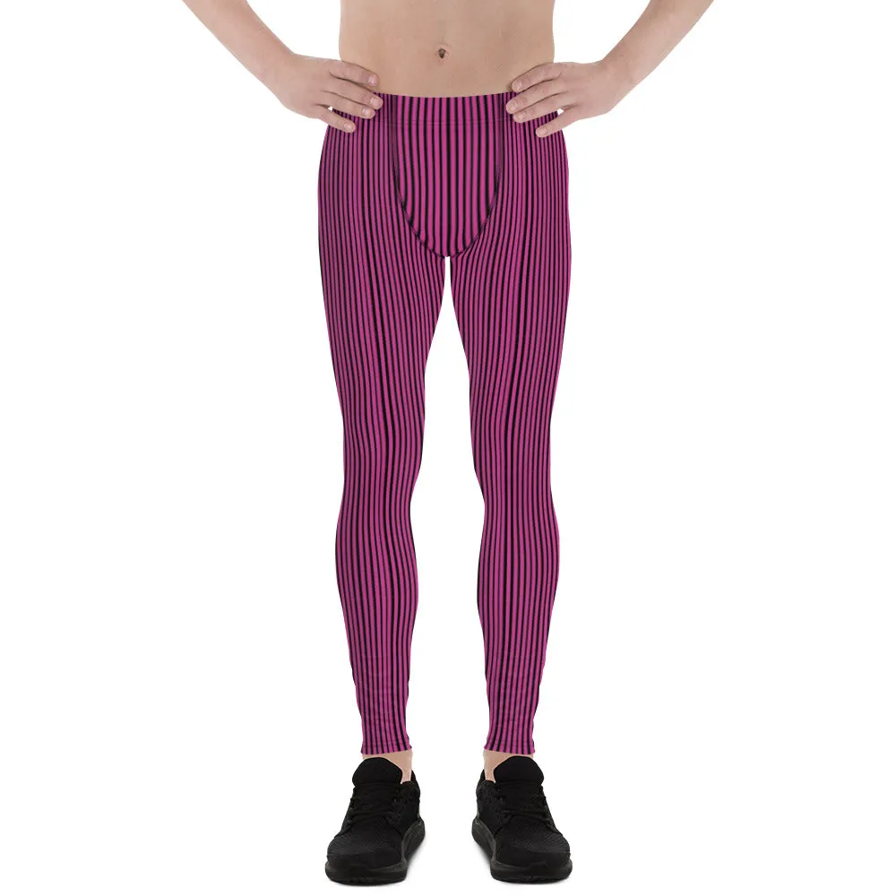 Hot Pink Striped Men's Leggings, Modern Designer Meggings Running Tights-Made in USA/EU/MX