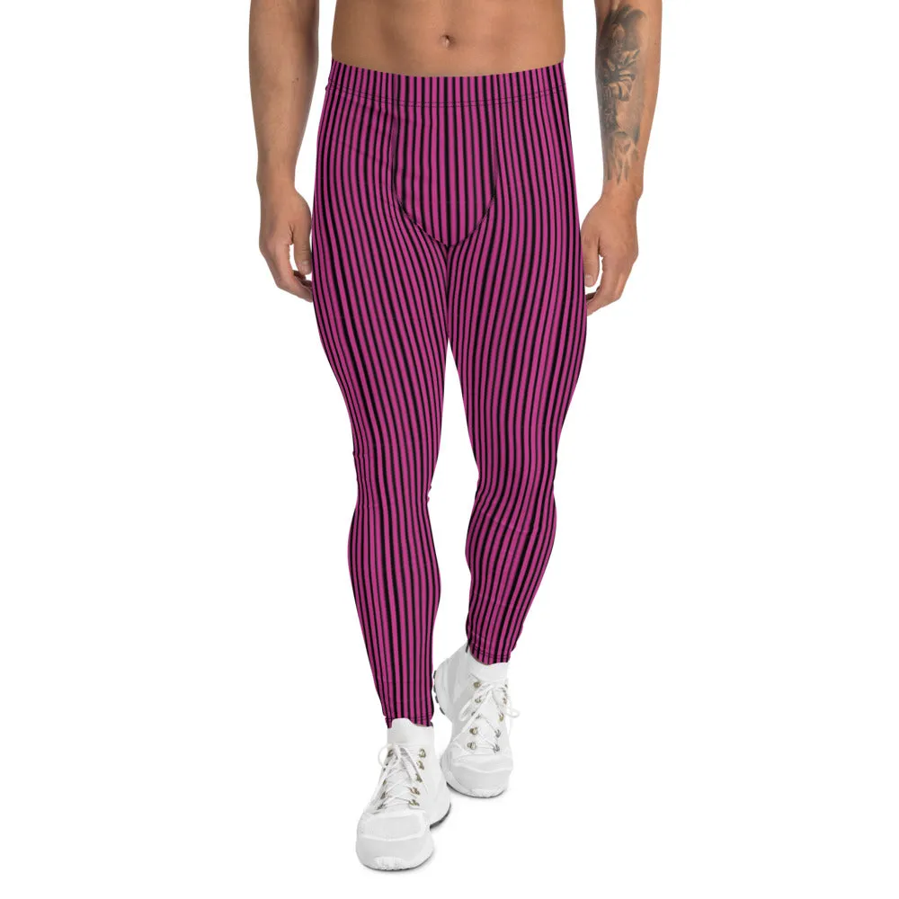 Hot Pink Striped Men's Leggings, Modern Designer Meggings Running Tights-Made in USA/EU/MX