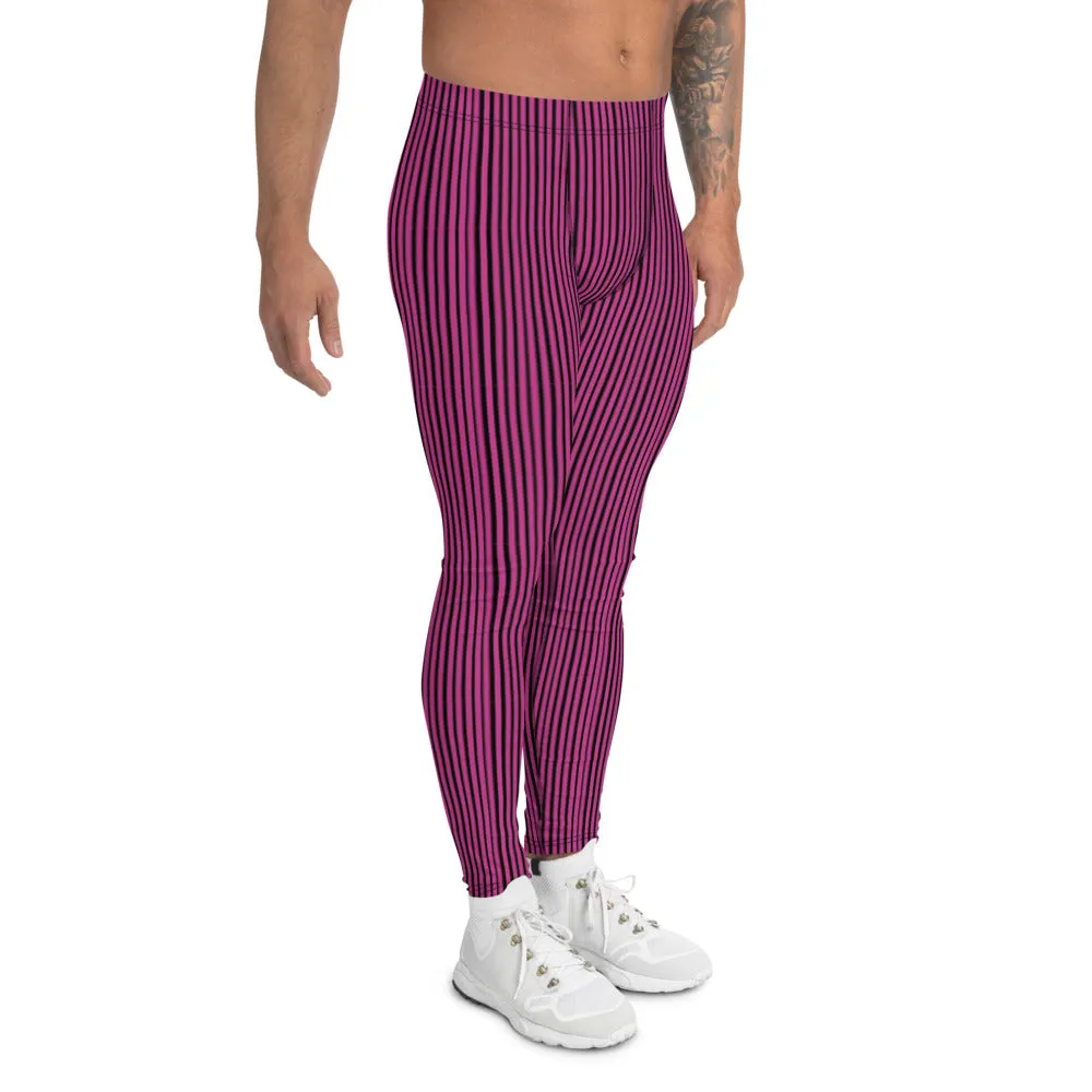 Hot Pink Striped Men's Leggings, Modern Designer Meggings Running Tights-Made in USA/EU/MX