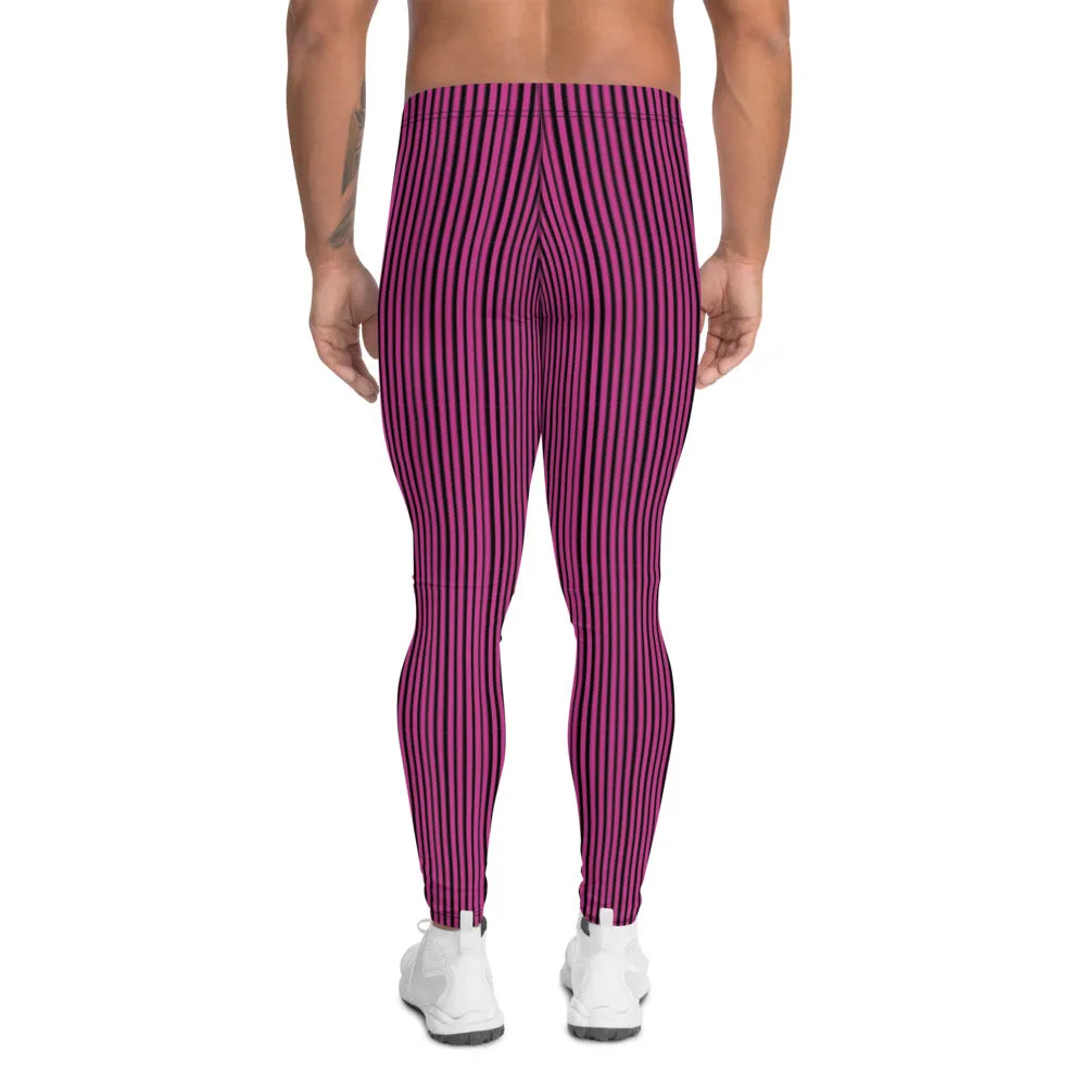 Hot Pink Striped Men's Leggings, Modern Designer Meggings Running Tights-Made in USA/EU/MX