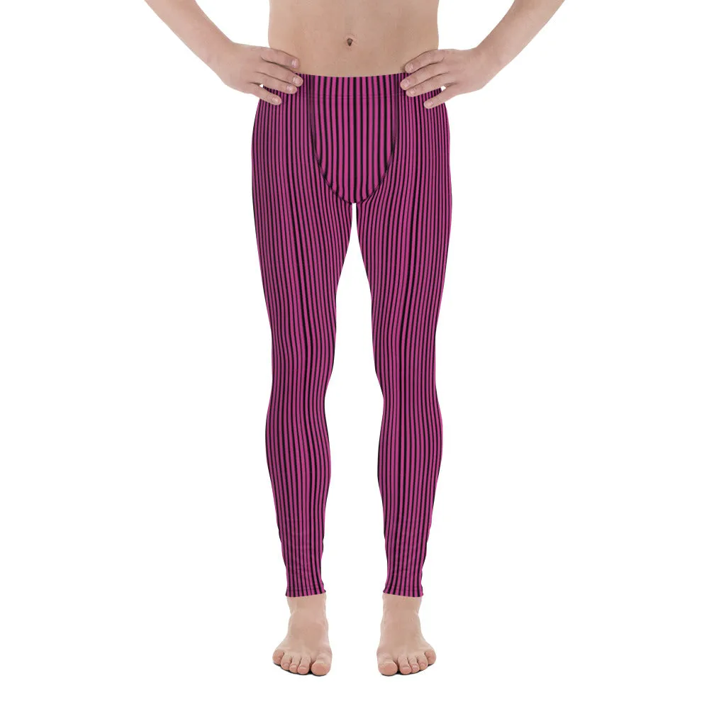 Hot Pink Striped Men's Leggings, Modern Designer Meggings Running Tights-Made in USA/EU/MX