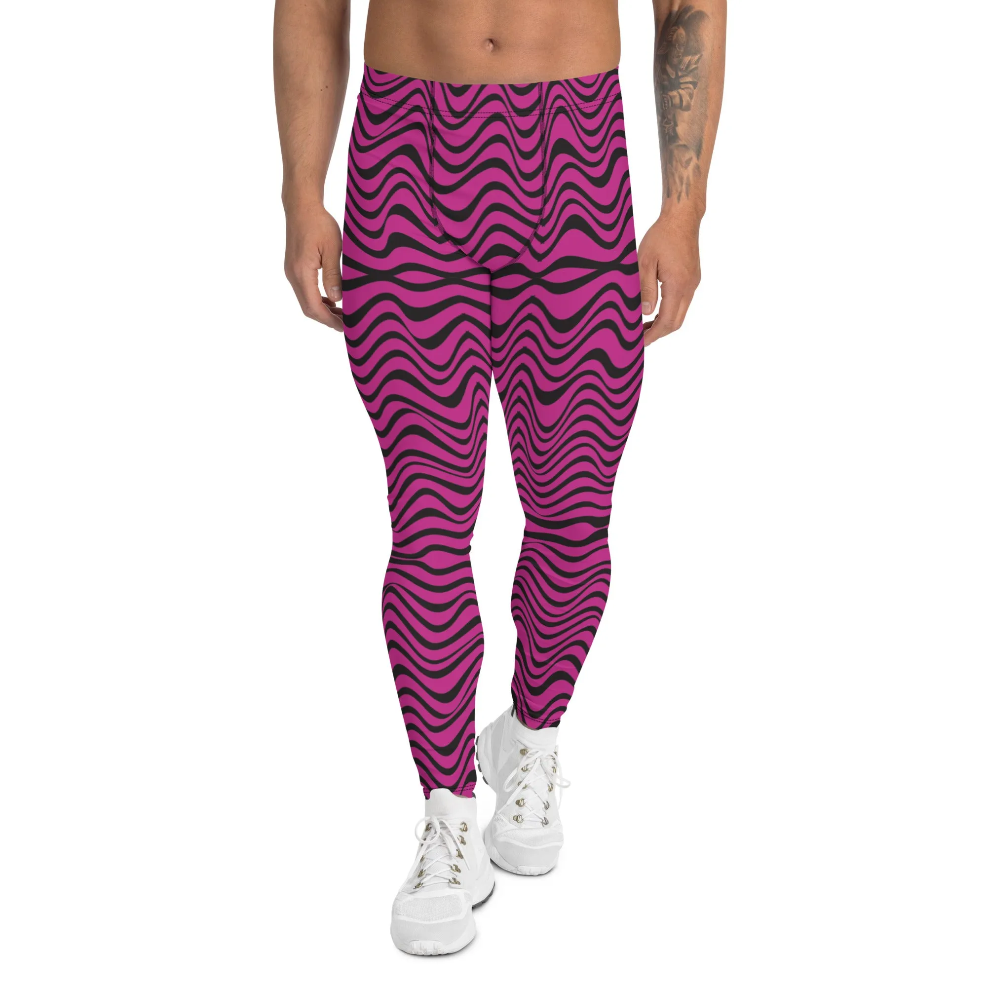 Hot Pink Wavy Meggings, Great Wave Abstract Pattern Yoga Leggings-Made In USA/EU/MX