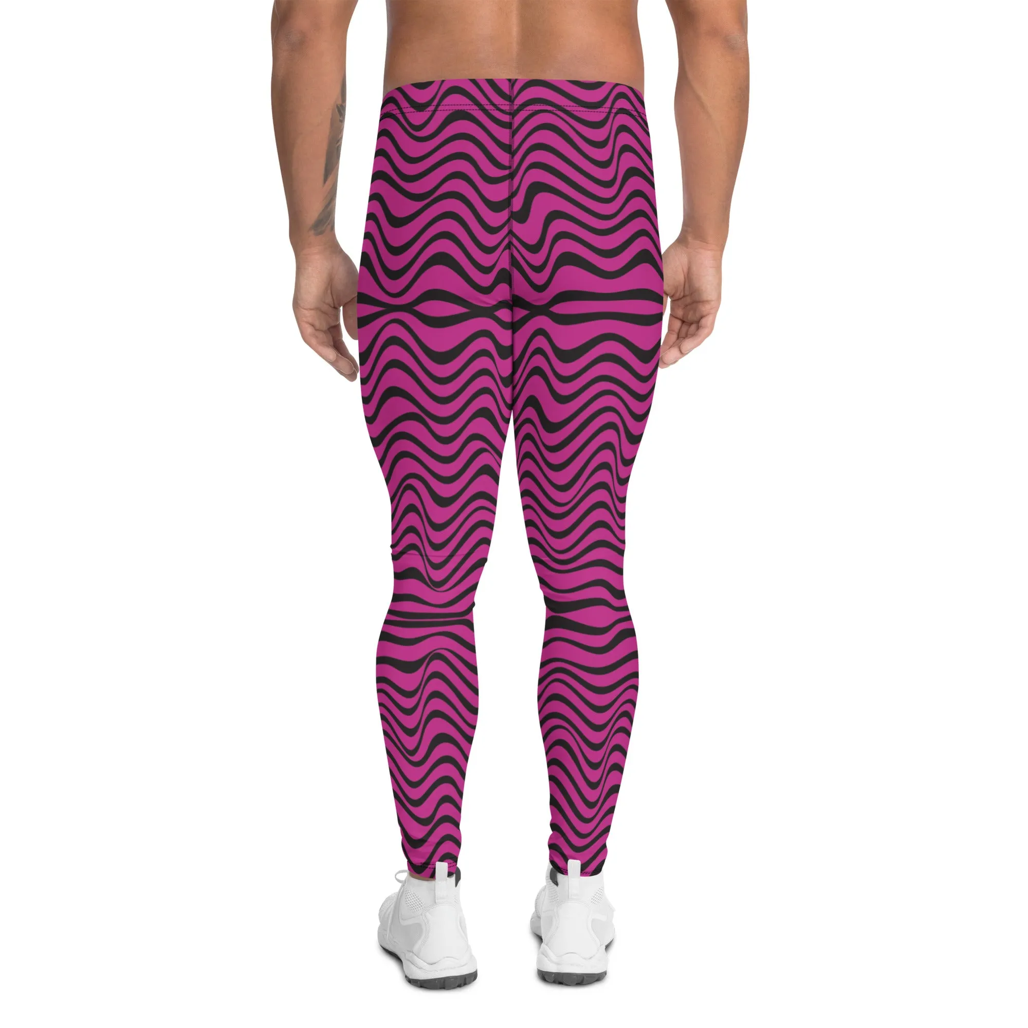 Hot Pink Wavy Meggings, Great Wave Abstract Pattern Yoga Leggings-Made In USA/EU/MX