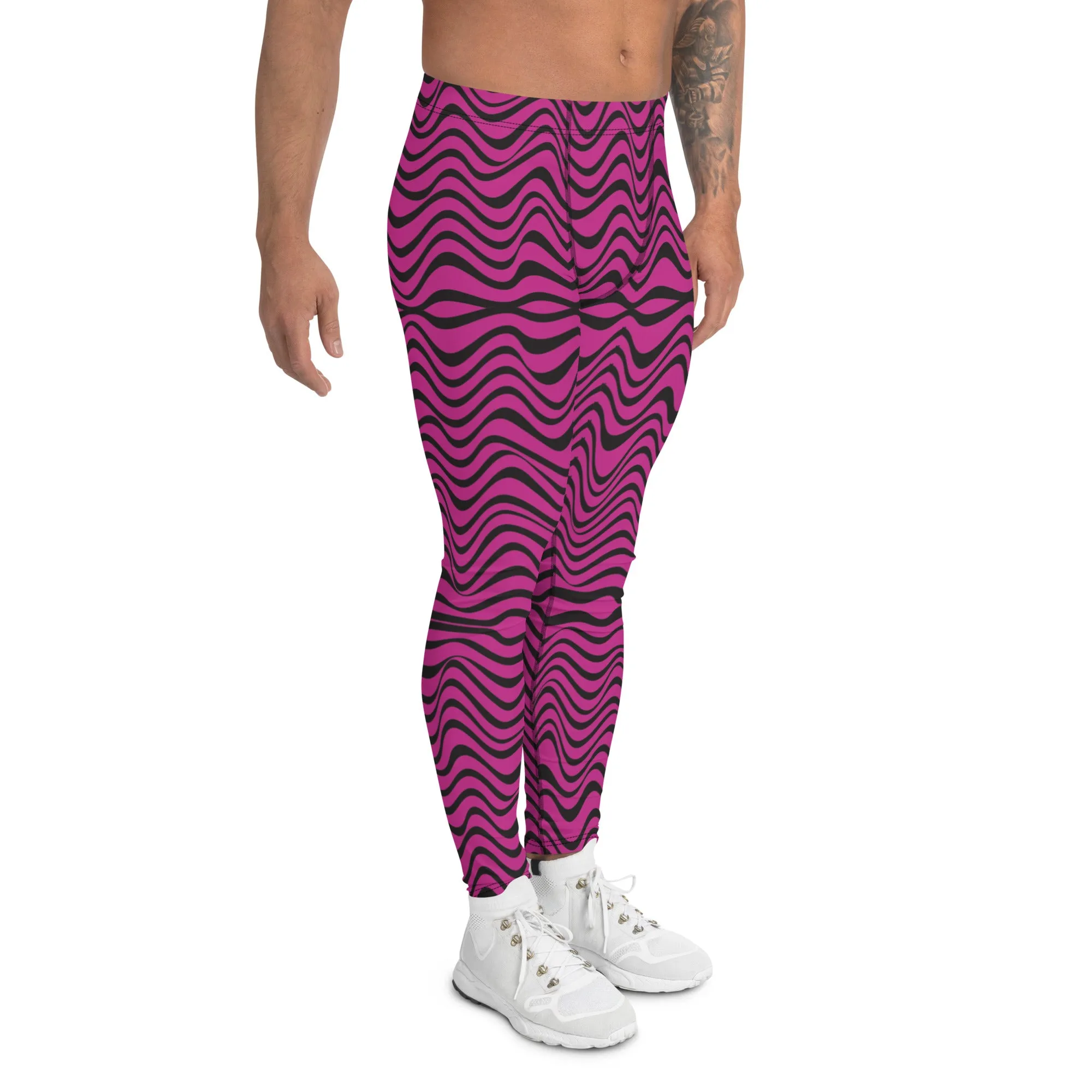 Hot Pink Wavy Meggings, Great Wave Abstract Pattern Yoga Leggings-Made In USA/EU/MX