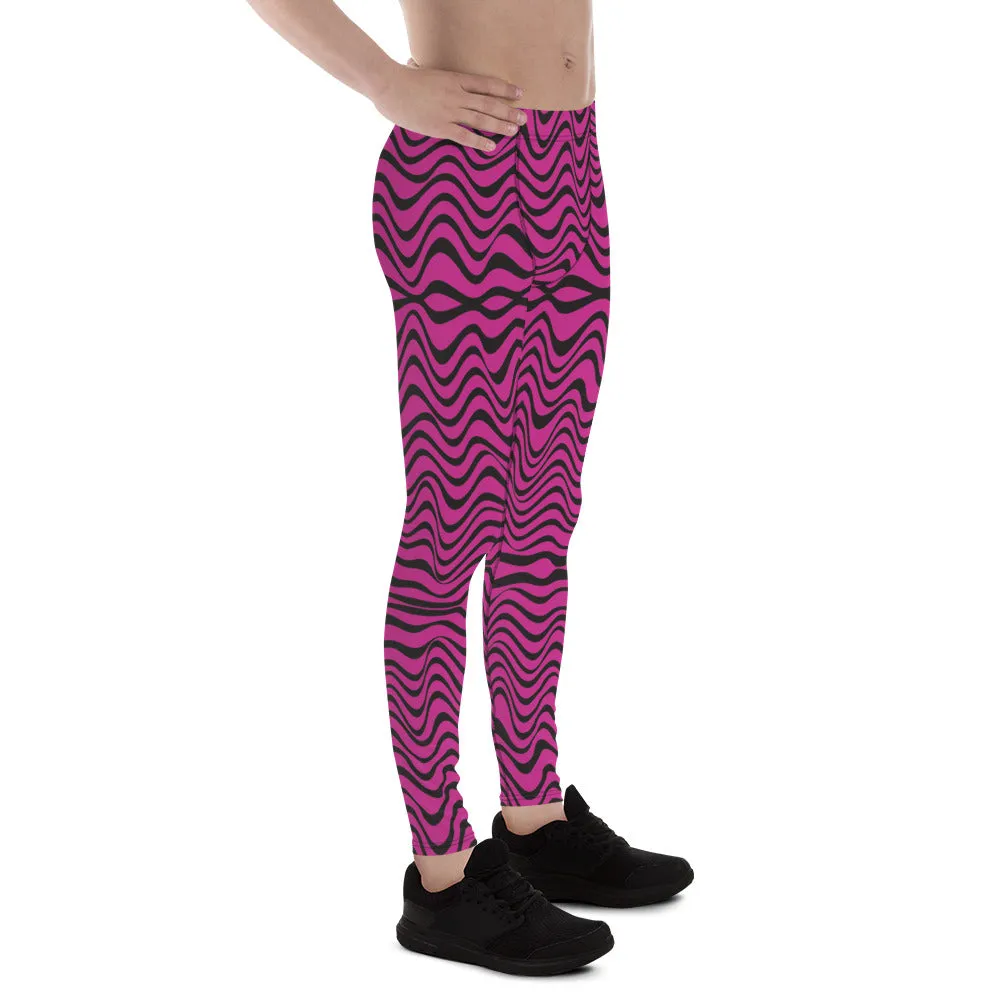 Hot Pink Wavy Meggings, Great Wave Abstract Pattern Yoga Leggings-Made In USA/EU/MX