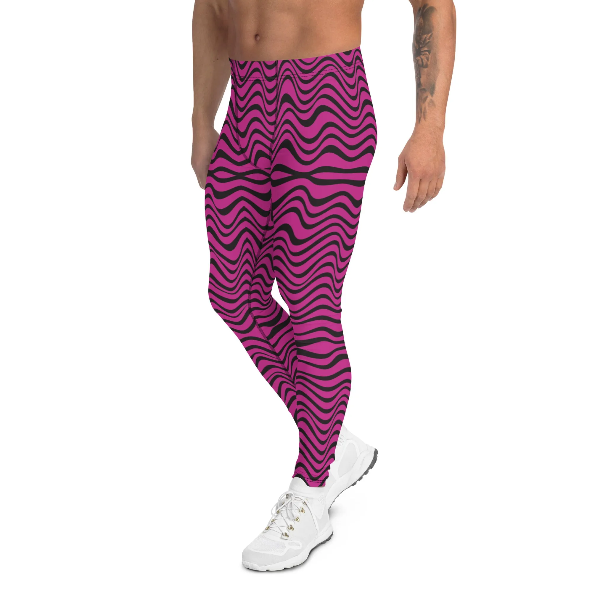 Hot Pink Wavy Meggings, Great Wave Abstract Pattern Yoga Leggings-Made In USA/EU/MX