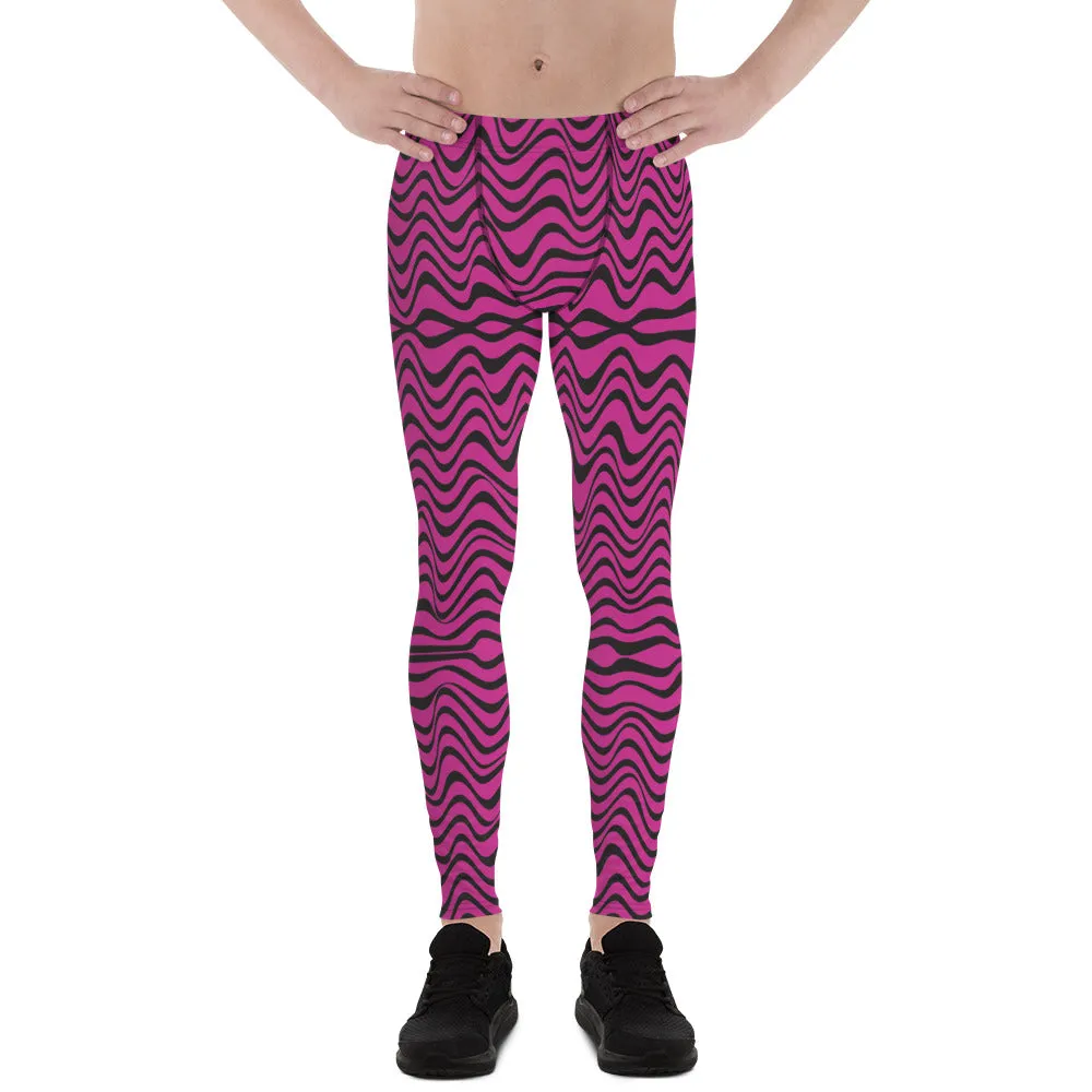 Hot Pink Wavy Meggings, Great Wave Abstract Pattern Yoga Leggings-Made In USA/EU/MX