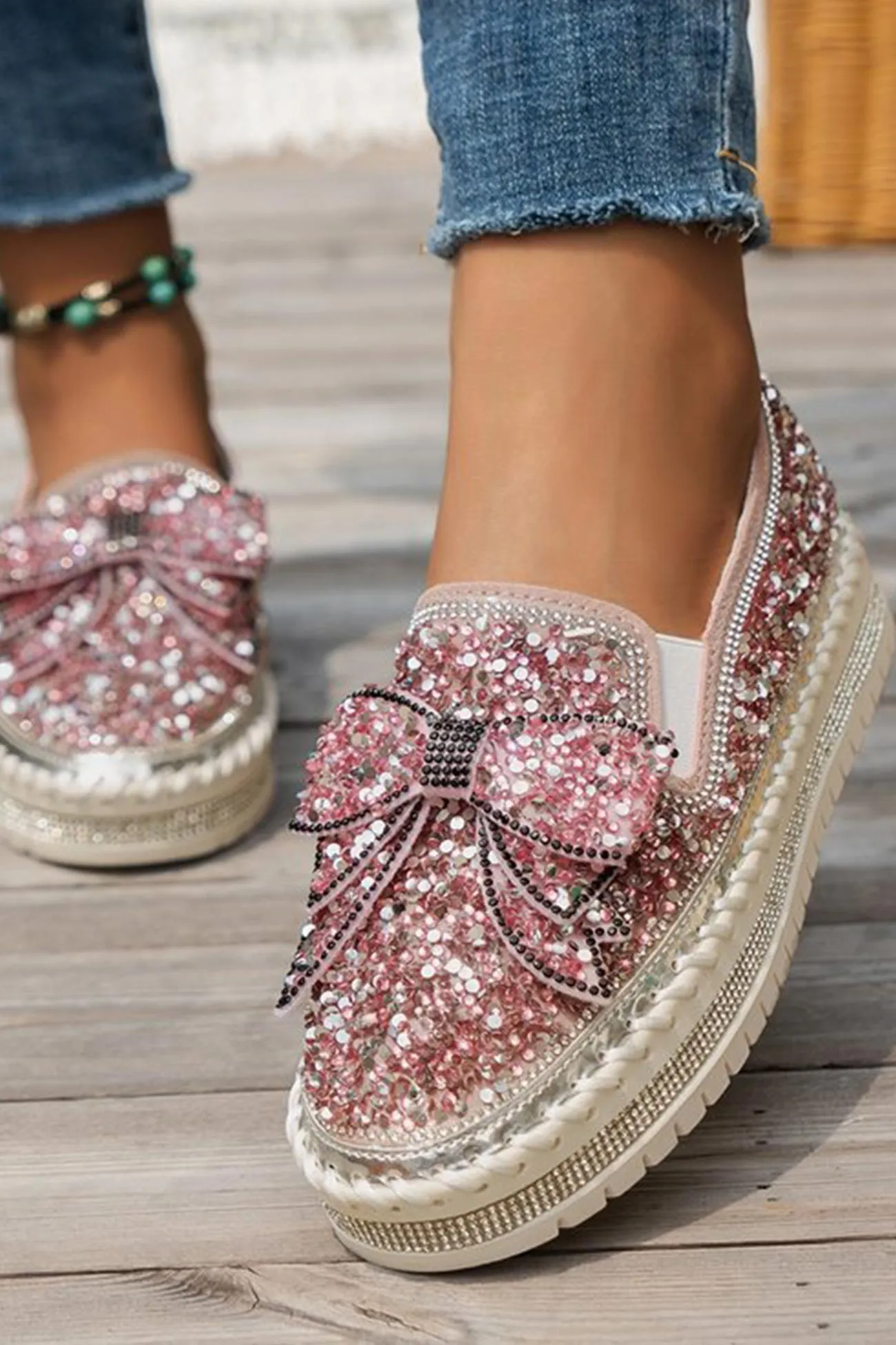 JOSKAA 2024 Fashion Woman shoes girls shoesSequined Bow Flats